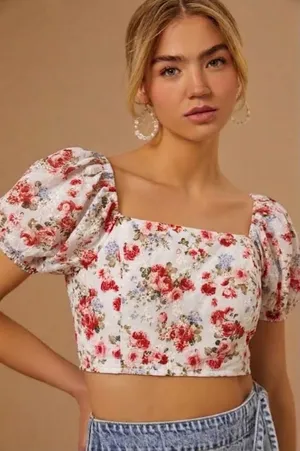 Altar’d State Eyelet Puff Sleeve Crop Top Size XS Smocked Back Square Neck thumbnail 1