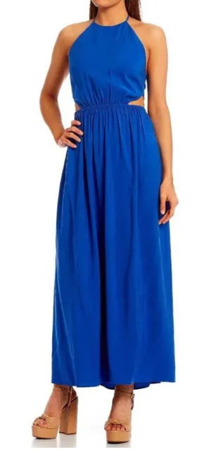 Gianni Bini Trina Maxi Dress XS Blue Halter Cutout Tie Back A Line Wedding Guest thumbnail 1