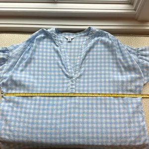 Crown & Ivy Baby Blue & White Plaid Short Flutter Sleeve Linen Blend Top size S thumbnail 7
