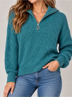 Rachel Zoe Teal Blue Chevron Zip Pullover Sweater (Size S) thumbnail 1