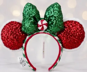 Disney Minnie Mouse ear Christmas headband -red sequin ears + green sequin bow thumbnail 1