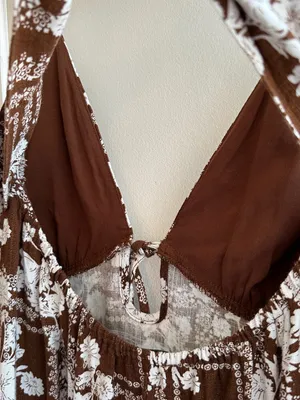 Paper Heart Anthropologie Chocolate Brown Floral Linen Maxi Dress, Size Large thumbnail 16