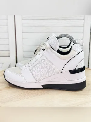 Michael Kors Georgie Logo Wedge Heel Leather Mid Top Sneakers White Black 8.5 thumbnail 3