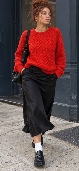 H&M Vibrant Orange Red Textured Knit Sweater 90s Art School Oversized S thumbnail 1