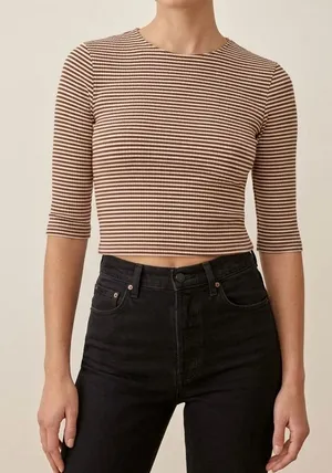 REFORMATION Cameron Crop Top Striped Fitted Elbow Sleeve Baby Tee Brown White XS thumbnail 1