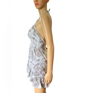 Papaya Y2K Gray Skater Grunge Hippie Grommet Floral Ruffle Mini Halter Top Dress thumbnail 4