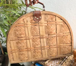 Large Vintage Gingham plaid wooden wicker woven picnic basket handbag duffle suitcase carryon leather handles #cottagecore #fairy #boho #indie thumbnail 2