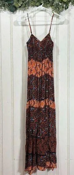 AQUA Hippie Boho Orange Navy Blue Strappy Maxi Dress SMALL Feminine thumbnail 1