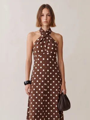 NWT few moda noelle dress size Medium M brown polka dot halter maxi o.p.t linen thumbnail 3