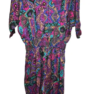 VTG En Focus Geometric Jumpsuit Purple L Rayon Southwestern Boho 90s USA Made thumbnail 11