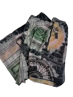 Patrick Francus Graphic Architectural Print Scarf in Black, Gray, Gold, Mint thumbnail 1