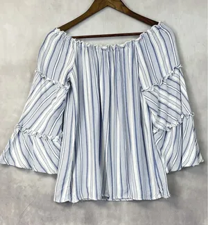 DREW Women Top Blouse Size Medium Off Shoulder Stripe Tiered Bell Sleeve Peasant thumbnail 1