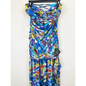Lulus Jeniah Blue Multi Abstract Print Drop Waist Maxi Dress Formal Medium NWT thumbnail 7