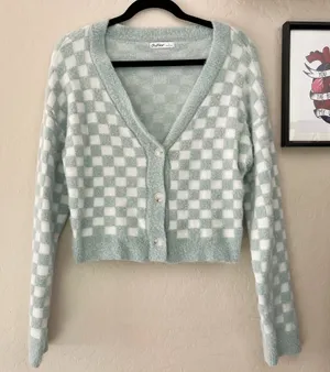 Aster Checkered Knit Cropped Cardigan Sweater Blue Size L thumbnail 1