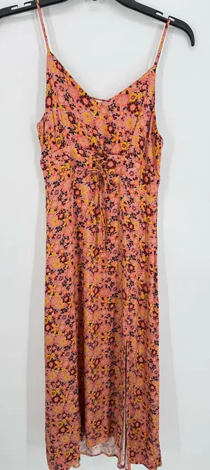 Rewind Women's Pink Multi Floral Sundress Small Midi Spaghetti Strap Slit Front thumbnail 1