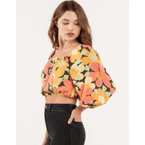 Billabong Yellow Orange Pink Floral Sun City Puff‎ Sleeve Crop Blouse Large thumbnail 8
