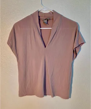 H&M Women’s Shawl Collar Deep V-Neck Cap Sleeve Blouse Mauve Dusty Pink S W-236 thumbnail 1