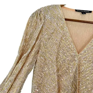 Boston Proper Sequin Wrap Blouse Long Sleeve Metallic Gold‎ Beige New Years Eve thumbnail 3