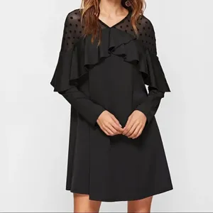 Black Polka Dot Mesh Neck Ruffle Trim A Line Dress thumbnail 2