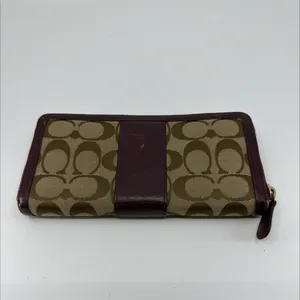 Coach Signature C Accordion Zip Khaki Burgundy Canvas Wallet thumbnail 3