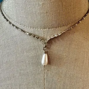 Vintage faux pearl rhinestone V tear drop dangle necklace silver tone thumbnail 1