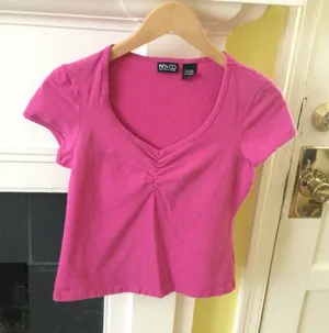 New York & Company Y2K Center Ruched Cinched Pink V-neck Top - Sz Medium thumbnail 8