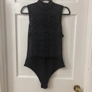 Black Mesh Rhinestone Sheer Bodysuit L Club Going Out Festival Sparkly Glam thumbnail 2