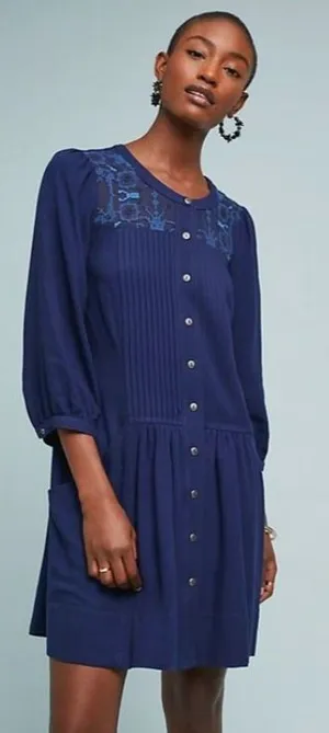 Anthropologie Dubois‎ Embroidered Tunic Dress Navy Size 8 EUC thumbnail 1