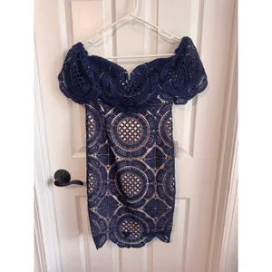 Lulus Bellisimo Navy Blue Lace Off Shoulder Bodycon Dress Size Medium NWT thumbnail 2