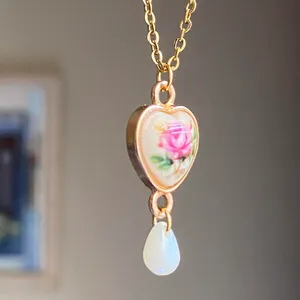 Handmade cottage fairy antique style heart rose necklace🌹🩵 thumbnail 2