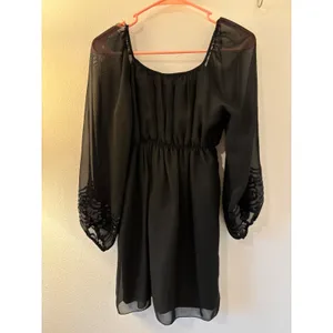Max Studio Black Sequin Empire Waist Tunic Sheer Balloon Sleeve Mini Dress goth thumbnail 2