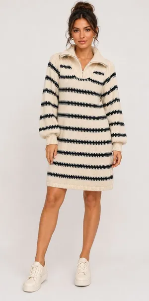 Pieces Womens Striped Quarter‎ Zip Sweater Dress Cream Black S Balloon Sleeve thumbnail 1