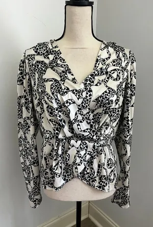 Express Leopard Bow Print Blouse Large Black White Modern Chic Office Peplum Top thumbnail 1