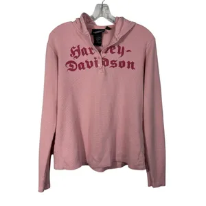 Vintage Y2K Harley Davidson Pink Hooded Thermal Long Sleeve Henley Top Grunge L thumbnail 1