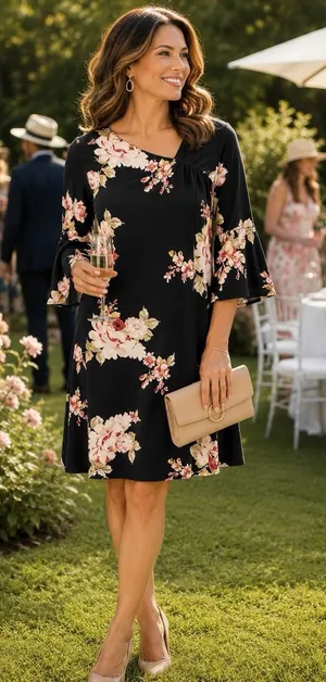 WHBM Black Floral Shift Dress XL Pink Rose Print 3/4 Sleeve Career Church thumbnail 1
