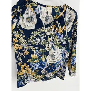 CHICO'S 0 Floral Peasant Blouse Women Small 4 Navy Blue Long Sleeve Split‎ Neck thumbnail 9