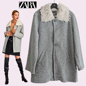 ZARA Gray Coat with Cream Faux-Shearling Collar thumbnail 1