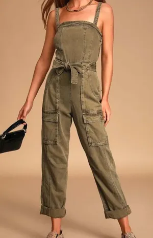 Free People FP Go West Olive Green Utility Cargo Denim Relaxed Leg Jumpsuit XS thumbnail 1