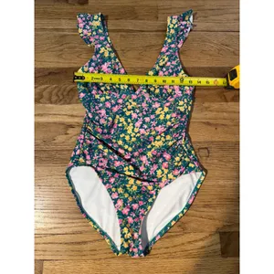 Floral Ruffle V-Neck One Piece Swimsuit‎ Teal Pink Yellow Ruched Low Back small thumbnail 4