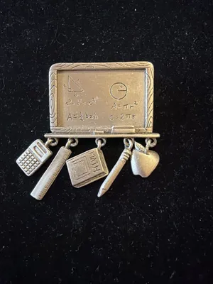 Vintage JJ Jonette Math Teacher Blackboard Pewter Tone Brooch Pin Dangle Charms thumbnail 2