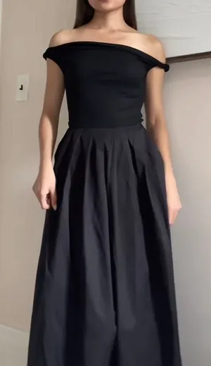 Commense Elegant Twist Off Shoulder Minimalist Old Money Black Maxi Dress NWT S thumbnail 1