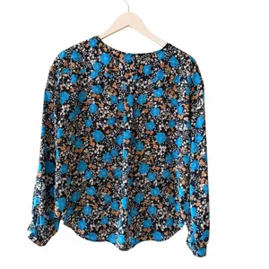 Ann Taylor Floral Seamed Split Neck Popover Blouse Night Sky Lightweight SZ S thumbnail 7