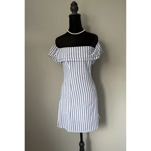 Lulus Seaside Skipper Blue White Striped Off Shoulder Mini Dress XS NWT thumbnail 2