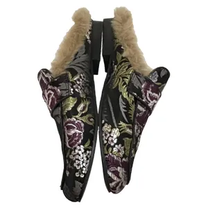 Steve‎ Madden Kaden Mules Women 7.5 Black Floral Brocade Faux Fur Lined KADE01S1 thumbnail 7