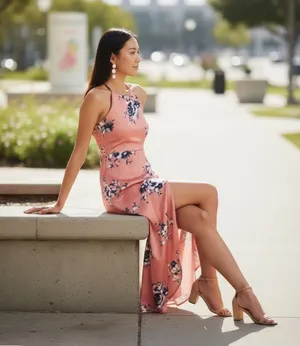 Charlotte Russe Coral Pink Floral Halter Maxi Dress with Navy Accents thumbnail 1