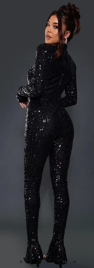 Pretty Little Thing Black Sequin High Neck Flared Hem Jumpsuit thumbnail 2