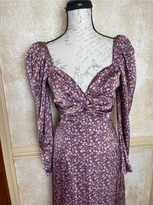 ASTR The Label Lainie Dress Floral Cutout Midi Sz S Puff Sleeve Lavender Brown thumbnail 5