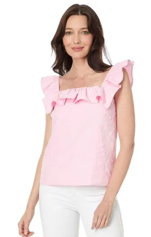 Lilly Pulitzer Zoya Ruffle Top Conch Shell Pink Caliente Pucker Jacquard 4 thumbnail 1