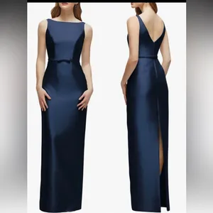 NEW Alfred Sung Strapless Bow Belt Satin Twill Column midnight blue Gown Sz 2 thumbnail 2