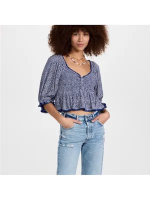 Free People Brittnee Print Smocked‎ Peplum Crop Top Blue Combo Size Small thumbnail 2